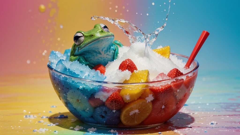 Hot summer day. The frog-shaped shaved ice is rich in fruit color, and a bowl full of many colorful particles sprinkled on it, making the broken ice full. which makes people salivate. The alcohol and ink is rendered,