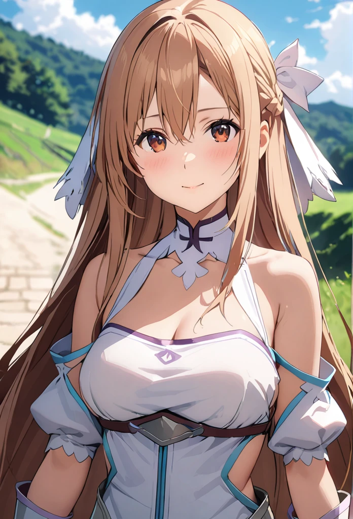 ((masterpiece)), Highest quality, Very detailed,(One Girl),Yuki Asuna、Asuna (Stay), Brown eyes, Bare shoulders, chest当て, armor, Removable sleeves, gloves, white gloves, dress, (red and white dress), Long Hair, Beautiful background ,clothing,  chest, 