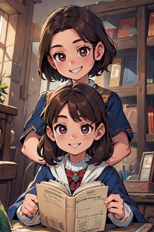 perfect face, perfect hands. A brown haired young witch with copper eyes in a navy is reading in the library with an eager smile
