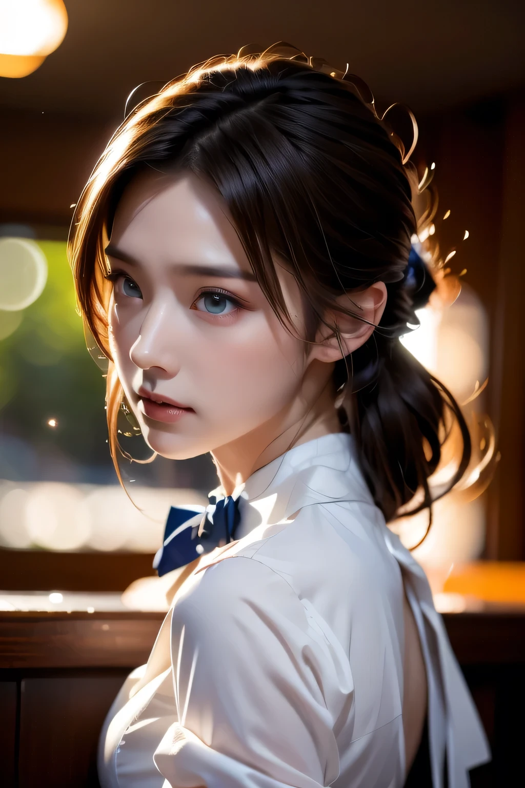 8k portrait of a beautiful dark-haired cyborg、Complex、elegant、Very detailed、Majestic、Digital photography、Art by artgerm, Ruan Jia and Greg Rutkowski、Surreal painting、(White shirt and blue bow tie、Black semi-tight skirt)、Front slit、Inside the cafe、(masterpiece、Side light、Beautiful eyes in every detail: 1.2) )、Hmph、masterpiece, 最high quality, high quality, High resolution, 