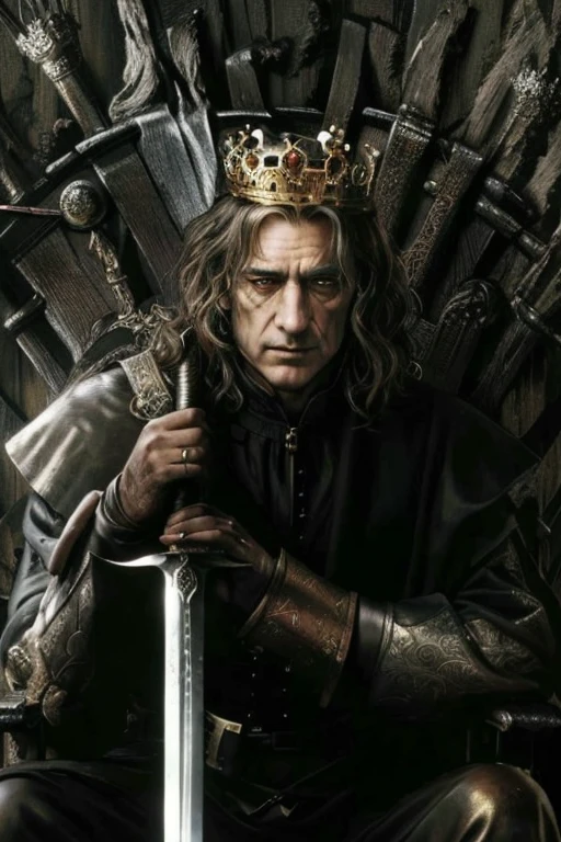 Masterpiece, Ultra-Detailed portrait, detailed illustration, high quality, high resolution 16k man in a crown sits on a throne with a sword, the great stokor king, lord of hell on the throne, The Medieval Old King, King Richard the Lionheart, the king of death, The King of Hell, Richard IV king of Rome, Sitting on the Iron Throne, Anato Finnstark!!, Robert De Niro as Medieval Joker, Jaime Lannister