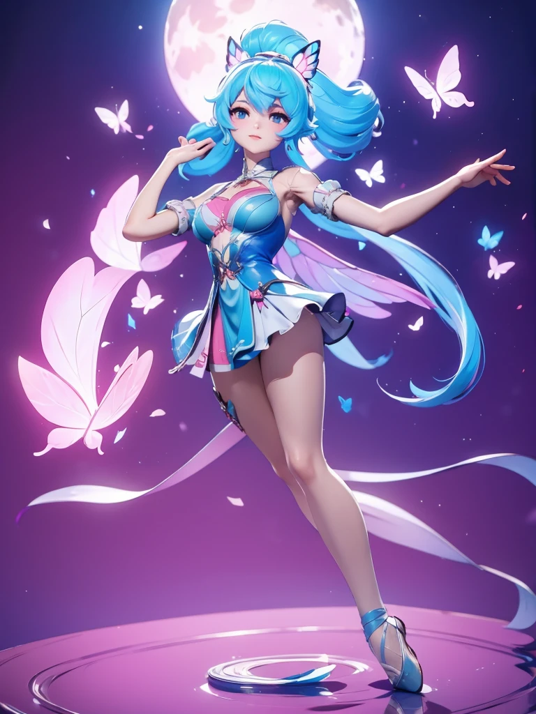 Seizo Watase style, Simple Line Initialism,Abstract art, 3d character, colorful hearts ,(((The most beautiful girl of all time))), (full body 1.2), only girl,very long hair, bufferfly and sky background, 25 year old, full body, (((8k))), (((3d)), blue and pink hair, Large butterfly wings on the back, moon, ballet dance, one hand raised above, hair divided on half