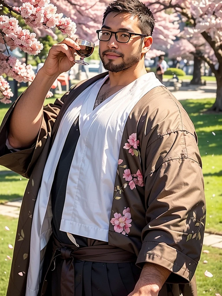 An award-winning original photo，a handsome 38-year-old man, crew cut, (((full body))), (((landscape))), mature man, [slightly fat], asian man, brown eyes, rounded face, glasses, slightly balding, 1boy, Solo, (big shoulders), (((stubbles, Short beard))), (((full beard))), (Beautiful eyes:1.3), (Detailed face:1.3), plump face, rounded face, wearing glasses, Dynamic Angle, volumetric lighting, (Best quality, A high resolution, Photorealistic), Cinematic lighting, Masterpiece, RAW photo, Intricate details, (extremely detailed 8k wallpaper), masterpiece 16k photo, traditional kimono for man, sakura petals flow with the wind, raise the japanese wine cup under sakura tree, cheers,