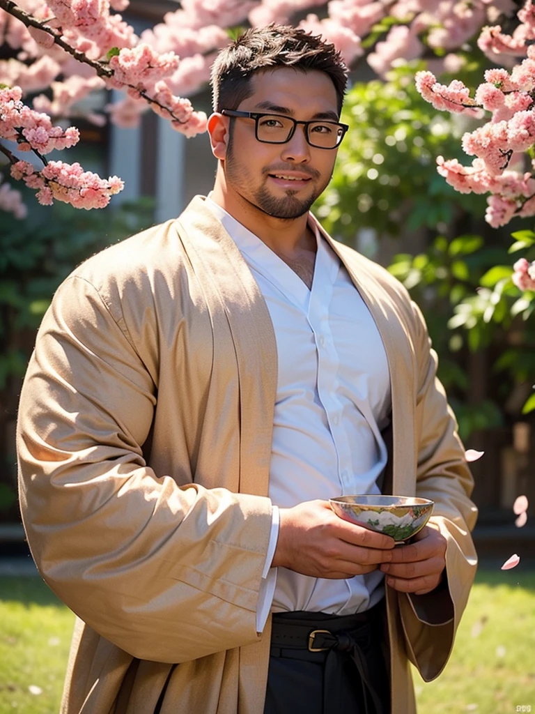 An award-winning original photo，a handsome 38-year-old man, crew cut, (((full body))), (((landscape))), mature man, [slightly fat], asian man, brown eyes, rounded face, glasses, slightly balding, 1boy, Solo, (big shoulders), (((stubbles, Short beard))), (((full beard))), (Beautiful eyes:1.3), (Detailed face:1.3), plump face, rounded face, wearing glasses, Dynamic Angle, volumetric lighting, (Best quality, A high resolution, Photorealistic), Cinematic lighting, Masterpiece, RAW photo, Intricate details, (extremely detailed 8k wallpaper), masterpiece 16k photo, traditional kimono for man, sakura petals flow with the wind, raise the japanese wine cup under sakura tree, cheers,