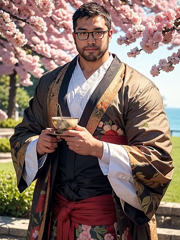 An award-winning original photo，a handsome 38-year-old man, crew cut, (((full body))), (((landscape))), mature man, [slightly fat], asian man, brown eyes, rounded face, glasses, slightly balding, 1boy, Solo, (big shoulders), (((stubbles, Short beard))), (((full beard))), (Beautiful eyes:1.3), (Detailed face:1.3), plump face, rounded face, wearing glasses, Dynamic Angle, volumetric lighting, (Best quality, A high resolution, Photorealistic), Cinematic lighting, Masterpiece, RAW photo, Intricate details, (extremely detailed 8k wallpaper), masterpiece 16k photo, traditional kimono for man, sakura petals flow with the wind, raise the japanese wine cup under sakura tree, cheers,