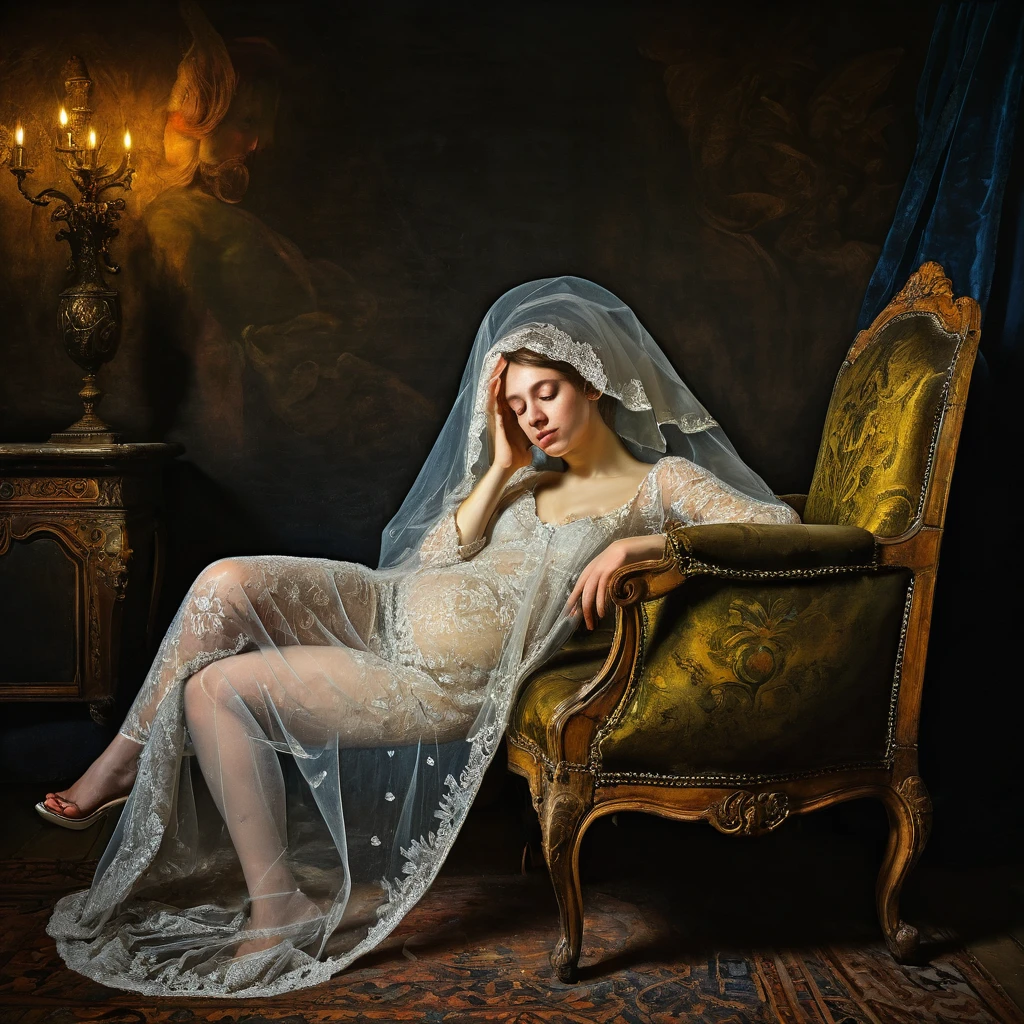 naked woman with a veil covering her face lying on an antique armchair, exhibitionism, masterpiece, 16th century painting, baroque style, Renaissance painting, lights and colors in the style of Rembrandt, dark backgrounds, old painting effect, all the details