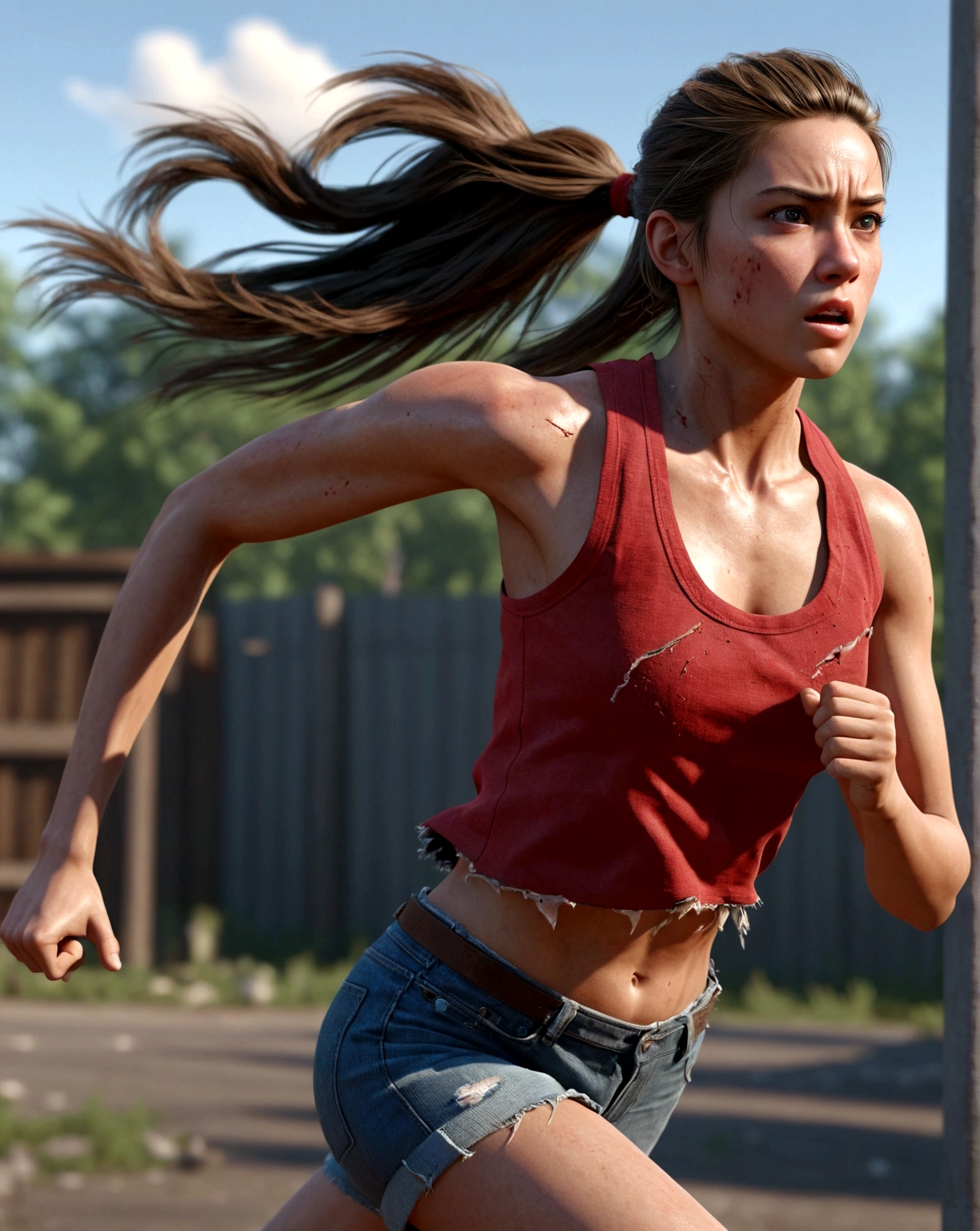 (masterpiece)(accurate)(perfect anatomy) photo realistic, 1girl, running stance, red crop top, tattered shirt (torn shirt 1.8), upper torso, cinematic motion, serious expression, ponytail, very long hair, (motion blur 1.2) super detailed, twenty degrees side view, perfect eyes, unreal engine, epic realism, 8k, dramatic lightning, motion blur background