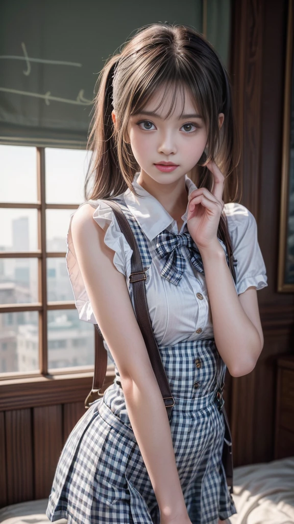 ((A beautiful girl wearing suspenders to accentuate her breasts)), (Cute school girl, , Baby-faced g1.5, Idol Face:1.2), (Cute gingham checked outfit:1.3), Short Hair, Small beautiful breasts, Slender body line, Ultimate Beauty, ((Detailed eyes and face:1.2, Professional photography techniques)), Beautiful eyes wide open, Captivating Lips, Sexy look, (Highest quality, 8K, masterpiece:1.2, RAW Photos), (Photorealism:1.4), (Detailed hands and arms), (Delicate and beautiful hands of a girl:1.2), (Perfect Anatomy:1.2), (Dynamic Pose)