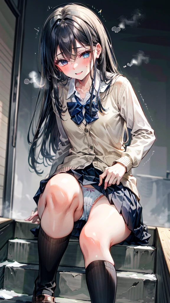 (Best quality, 8k, 32k, Masterpiece, UHD,:1.2),RAW, 1girl,ultra cute , natural lighting,transparent shining eyes, 20yo ,fair complexion, ((school uniform)), sitting on stairs, Closeup shot, wedgie, bending knees, show off panties, From Below, shy smiling, long straight hair, in winter, falling snow, Closing legs, long sleeve cardigan, (ecstasy:0.8) ,(slut:0.8), (vulgarity:0.8), (fucked silly:0.8),(steam:0.8),(trembling:1.3)),