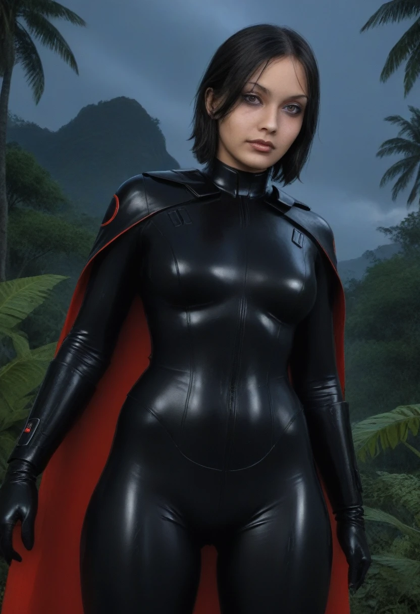 zPDXL, source_anime, BREAK Trilla, helmet with red visor, cape, armor,black gloves,tight bodysuit,black cape,black pants, BREAK close-up, solo, standing, front view, medium breasts, hands on hips, wide hips, BREAK x3dce, 3d, jungle background, dense vegetation, rain, night, night sky,
