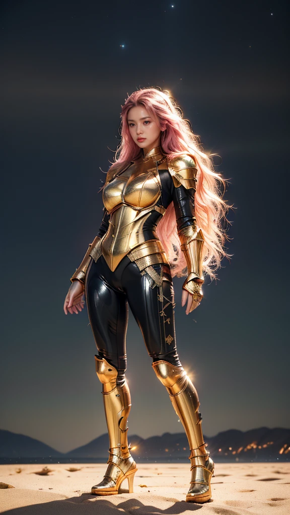 ((best quality)), ((masterpiece)), (ultra detailed lights), ((full body:1.3)), ((skinny body)), 1girl, extremely beautiful, ((slim body)), thighs gap, ultra face details, 20 years old, ((pink curvy-hair)), ((hair blown by strong winds :1.3)), Award-winning photograph, ((symmetrical pose)), ((full body golden black armor)), posing in the middle, intricate details, ((thight golden armour)), ((extremely details armor)), ((tight latex pants)), ((24k-gold armor)), ((edge luminous armor)), cameltoe, luminescent, epic lights reflections, she is posing with ((Athena's golden bow)), at beach, full of stars, orange clouds, nebula sky, epic aurora borealis in the background, shooting stars, ((from below))