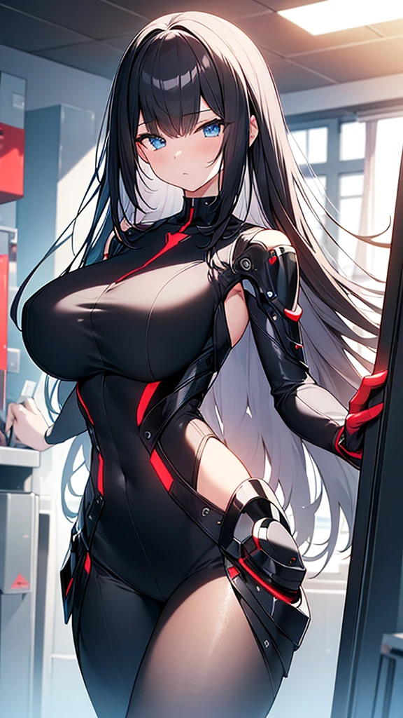 (Highly detailed CG Unity 8k wallpaper,masterpiece, Biological, whole body),(Best lighting, Best Shadow, Very delicate and beautiful),(One girl),blue eyes, Big Breasts, Black Hair,Red and black off-the-shoulder SF bodysuit,Neck Seal,High-tech sci-fi corridor, Dynamic pose, Detailed Machinery, Sleek design., {{An extraterrestrial lifeform preys on girls and takes their place、Her breasts are bigger than a real girl's}}, Unknown sensation, Feels good, Vigorous movement, more, instinct, Female fall, Bouncing chest, loose, loose, human bone, のhuman bone, NSFW