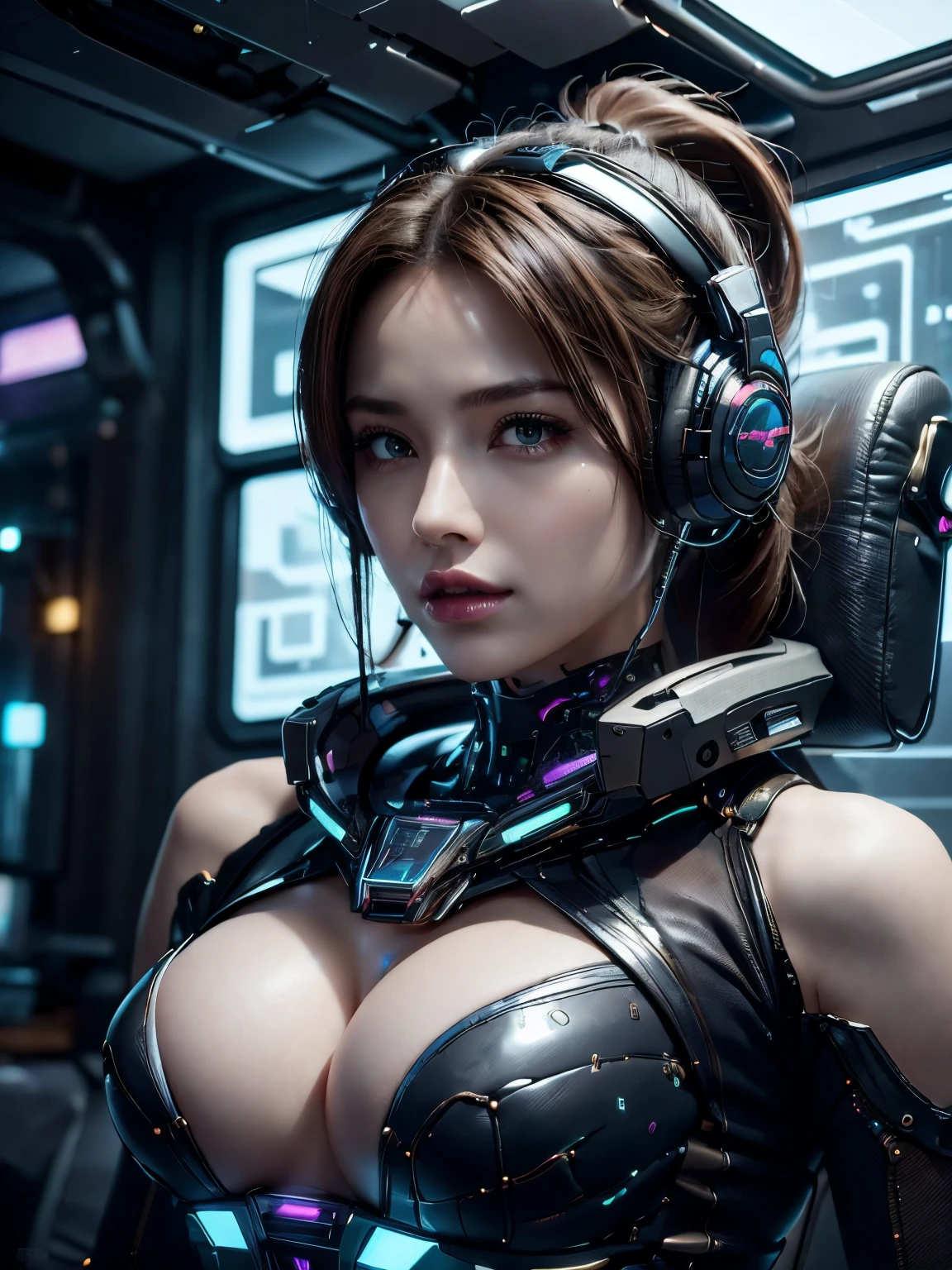 best quality,4k,highres,masterpiece:1.2),ultra-detailed,realistic,sexy,cybernetic woman,beautiful detailed eyes,beautiful detailed lips,unique hairstyle,music lover,listening to music,full-chested,futuristic spaceship,galaxy,sci-fi,headphones,sleek design,vibrant colors,illuminated interior,advanced technology,sophisticated interfaces,hovering in space,atmospheric lights,reflective surfaces,high-tech gadgets,2girls.