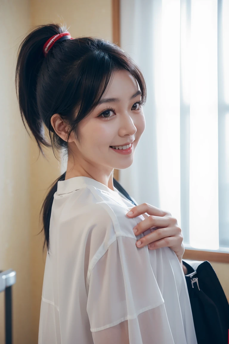 Hospital nurse Black haired Japanese woman Hair tied back in a ponytail smile Highest quality、8K UHD+、Leica digital SLR camera、live-action