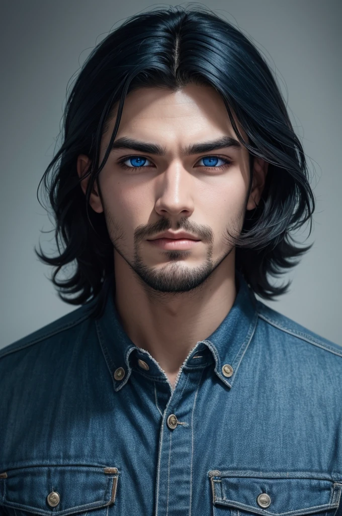 one  men, with symmetrical face, blackquality hair, blue colored eyes, brawny, anime styling 