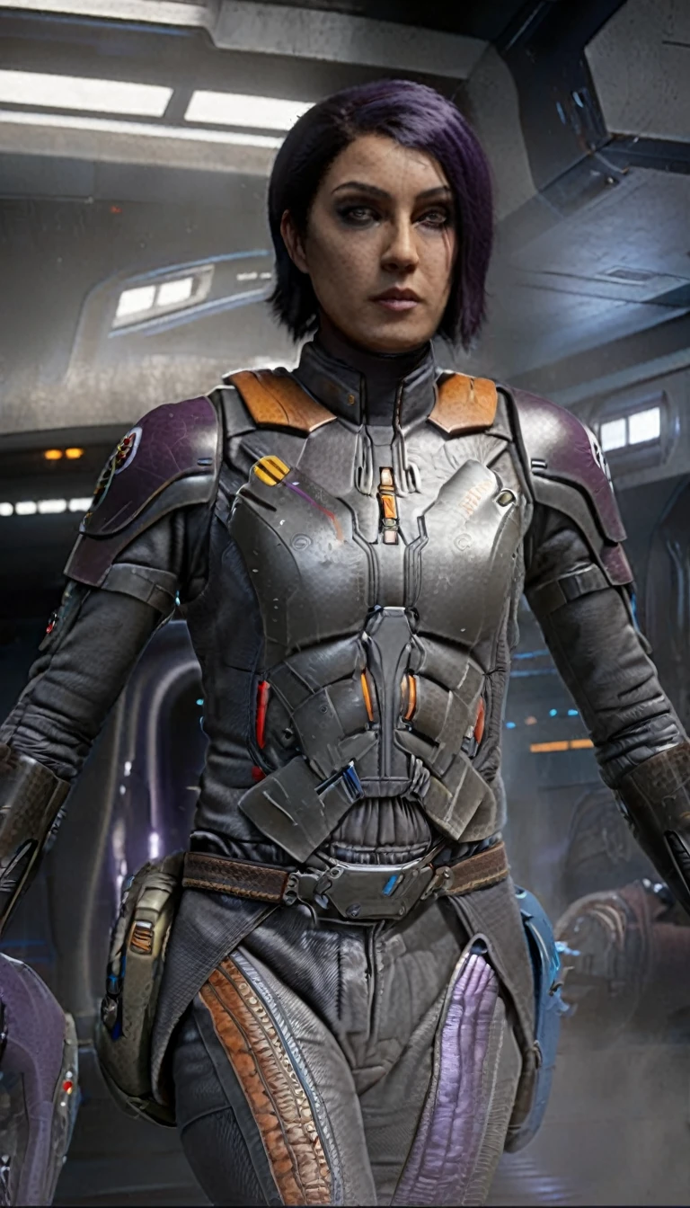 professional 3d model Cinematic scene, sabine wren, SILVER armor (HUGE BREASTS), Ghost in the Shell, detailed background, masterpiece, best quality, high quality, highres, absurdres . octane render, highly detailed, volumetric, dramatic lighting
