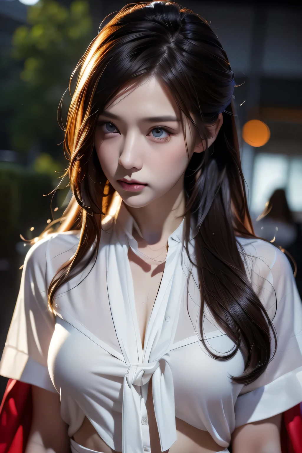8k portrait of a beautiful dark-haired cyborg、Complex、elegant、Very detailed、Majestic、Digital photography、Art by artgerm, Ruan Jia and Greg Rutkowski、Surreal painting、(White shirt and ribbon tie、Black semi-tight skirt)、Front slit、Inside the cafe、(masterpiece、Side light、Beautiful eyes in every detail: 1.2) )、Hmph、masterpiece, 最high quality, high quality, High resolution, 