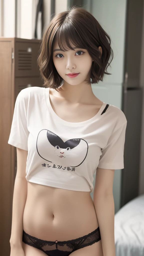 Bright lighting,Standing by the window,locker,Iridescent Reflection,lockerルーム,(Highest quality, Very detailed, masterpiece:1.2), 1 female, Very thin body, length, Thin legs, ((Black wavy short hair:1.2)), ((Thick and fluffy bangs)), Very detailedな顔,A faint smile, small, Thin Nose, small thin mouth, Extremely sharply focused eyes, Japanese, Beautiful Face, Realistic eyes, Beautiful and beautiful eyes, Realistic Skin, Beautiful Skin, charm, (Lively Faces), Beautiful Hairstyles,In underwear,(Plain T-shirt,Panties Panty Pull)
