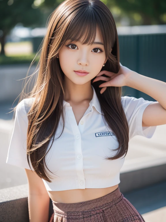 product quality, 1 school girl, front view, a Japanese young pretty girl, big breast, wearing mini skirt, hyper cute face, glossy lips, double eyelids for both eyes, (natural makeup), shiny smooth light brown hair of long hair, asymmetrical bangs, central image, 8K resolution, high detail, detailed hairstyle, detailed face, cinematic lighting, octane rendering, hyper realistic, perfect limbs, perfect anatomy,