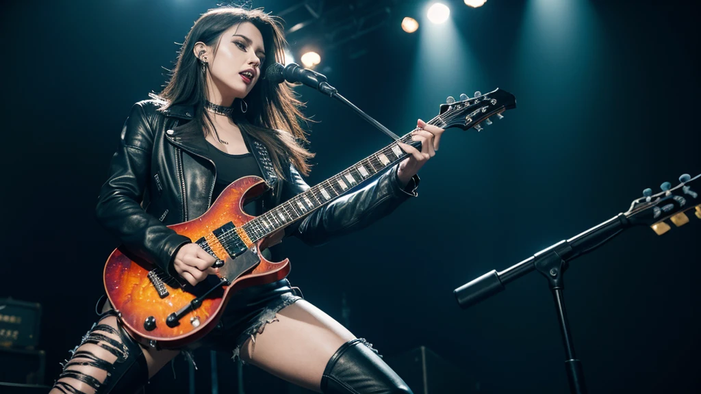 Heavy metal, biker chick with chains and spikes, ferocious expression, powerful female rock star, black leather, dressed in black leather jacket and torn jeans, dark eyeliner and black lipstick, heavy music, fierce woman, standing tall, epic guitar solo, guitar on fire, woman solo electric guitar, female guitarist of metal, woman playing the guitar, electric guitar made of metal, flames on stage, female rocker playing a concert,
