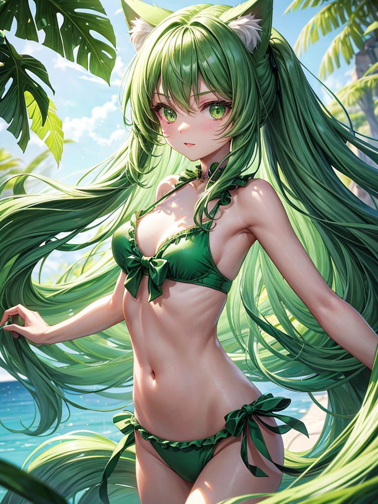 Emerald long hair girl emerald eyes light greencat ears light green cat tail wearing light green swimsuit