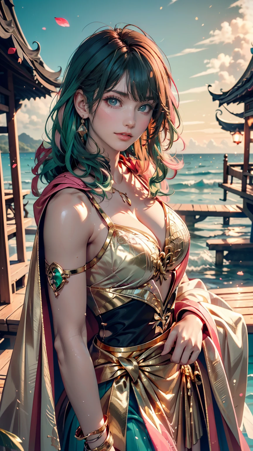 1 Girl, (Rainbow Hair, Colorful Hair, half green and half pink hair: 1.2), , green_null, Have a magic wand, summer (Oceansupon), petal_upon_liquid, Black hooded cloak, red and black ripped dress, skirt: 1.2, (gold lupong curly hair: 1.5), null, Outdoor, cloud, bangs, smile, null green eyes, Bare shoulders, Perfect hands, Hand Detail, Repaired finger. Earrings, Ocean + background, Looking_in_Audience, Cowboy Shot, Highest quality, Rich details, Perfect image quality, sunrise