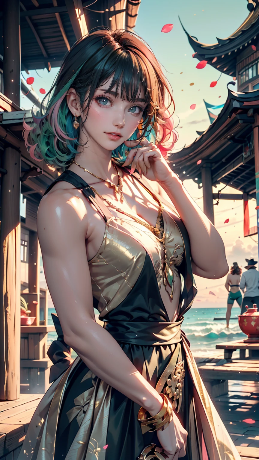1 Girl, (Rainbow Hair, Colorful Hair, half green and half pink hair: 1.2), 17 years old, green_null, Have a magic wand, summer (Oceansupon), petal_upon_liquid, Black hooded cloak, red and black ripped dress, skirt: 1.2, (gold lupong curly hair: 1.5), null, Outdoor, cloud, bangs, smile, null green eyes, Bare shoulders, Perfect hands, Hand Detail, Repaired finger. Earrings, Ocean + background, Looking_in_Audience, Cowboy Shot, Highest quality, Rich details, Perfect image quality, sunrise
