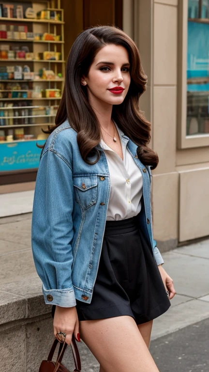 Lana Del Rey dressed in charming clothes with painted lips with a smile