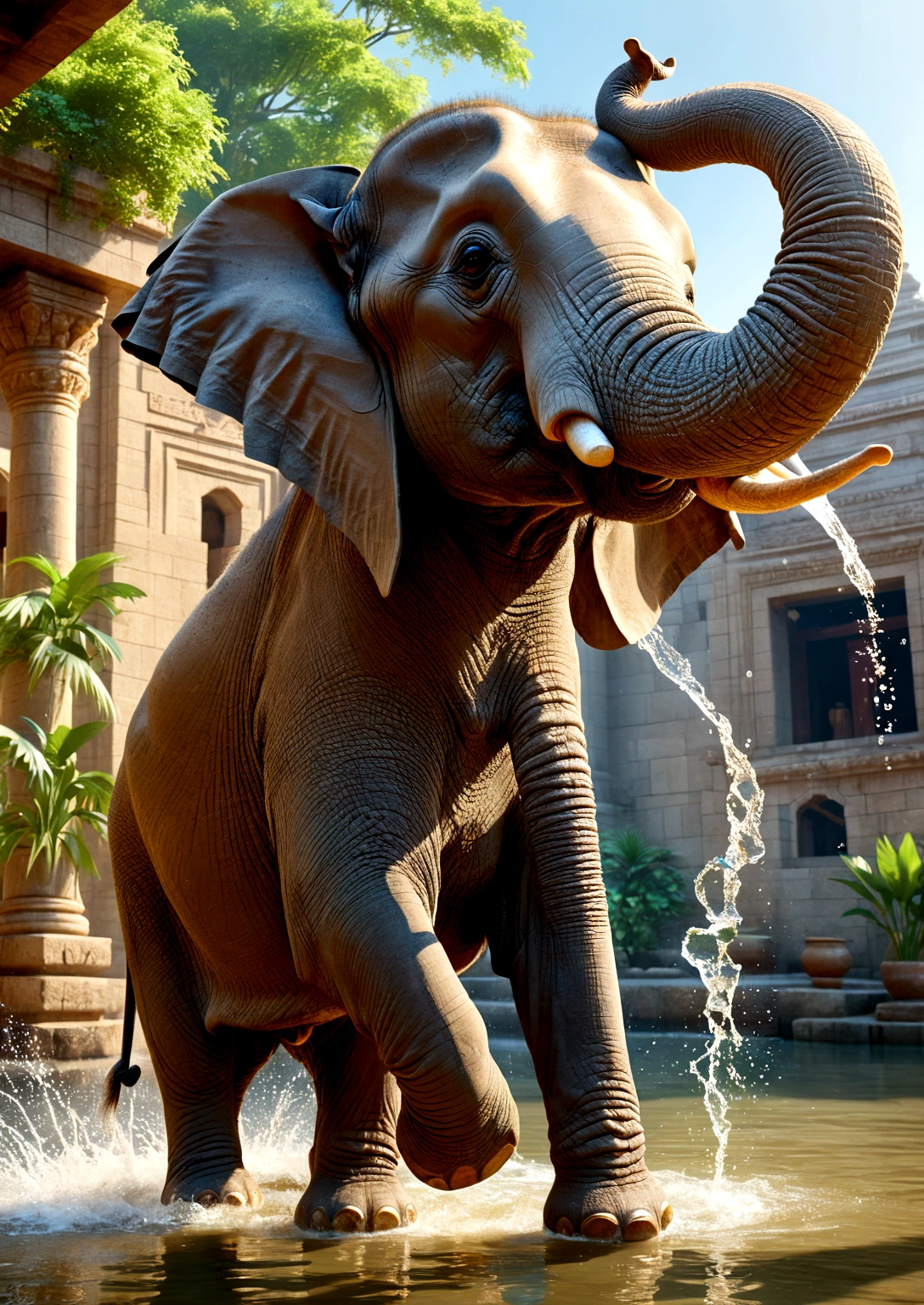 (最high quality, high quality, Very detailed, Intricate details, High resolution, 8K, RAW Photos:1.25), Elephant lifts his trunk、An elephant bigger than a building、Ultra high definition、Light shines in、Water splashes、Sunshine and water reflections