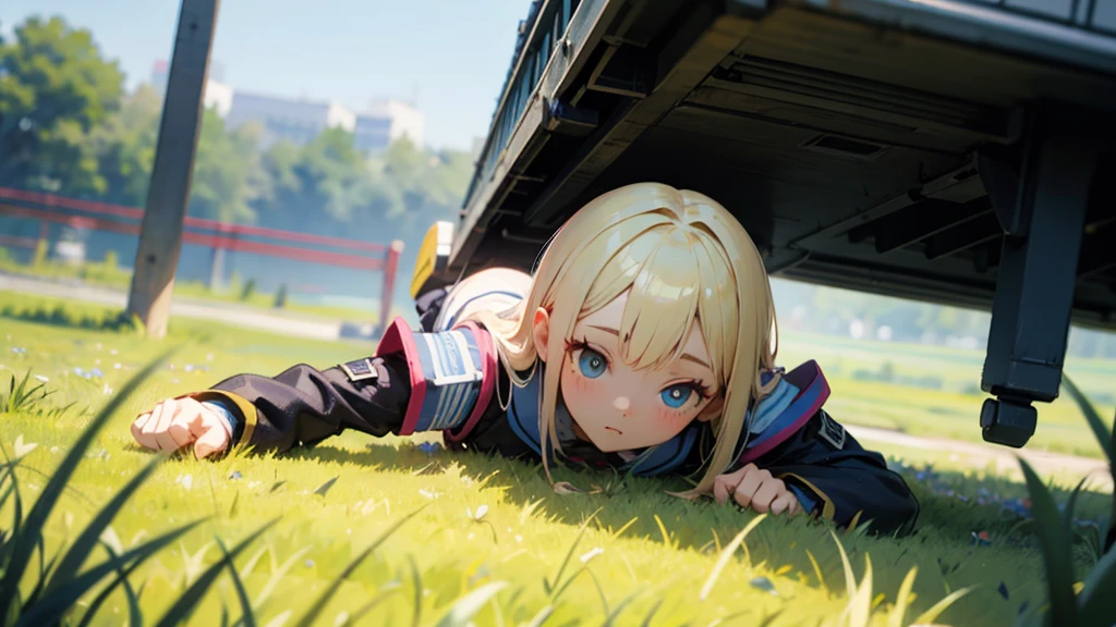 Girl doll、bank、river、bridge、Enjoying airsoft、uniform、Crawling through the grass,octane render、(Hyper-detailing: 1.15)、cinematic lightening、Knee-high boots、super fine eyes、Full Paint、Mastepiece、Anatomically correct、Blur、Depth of written boundary