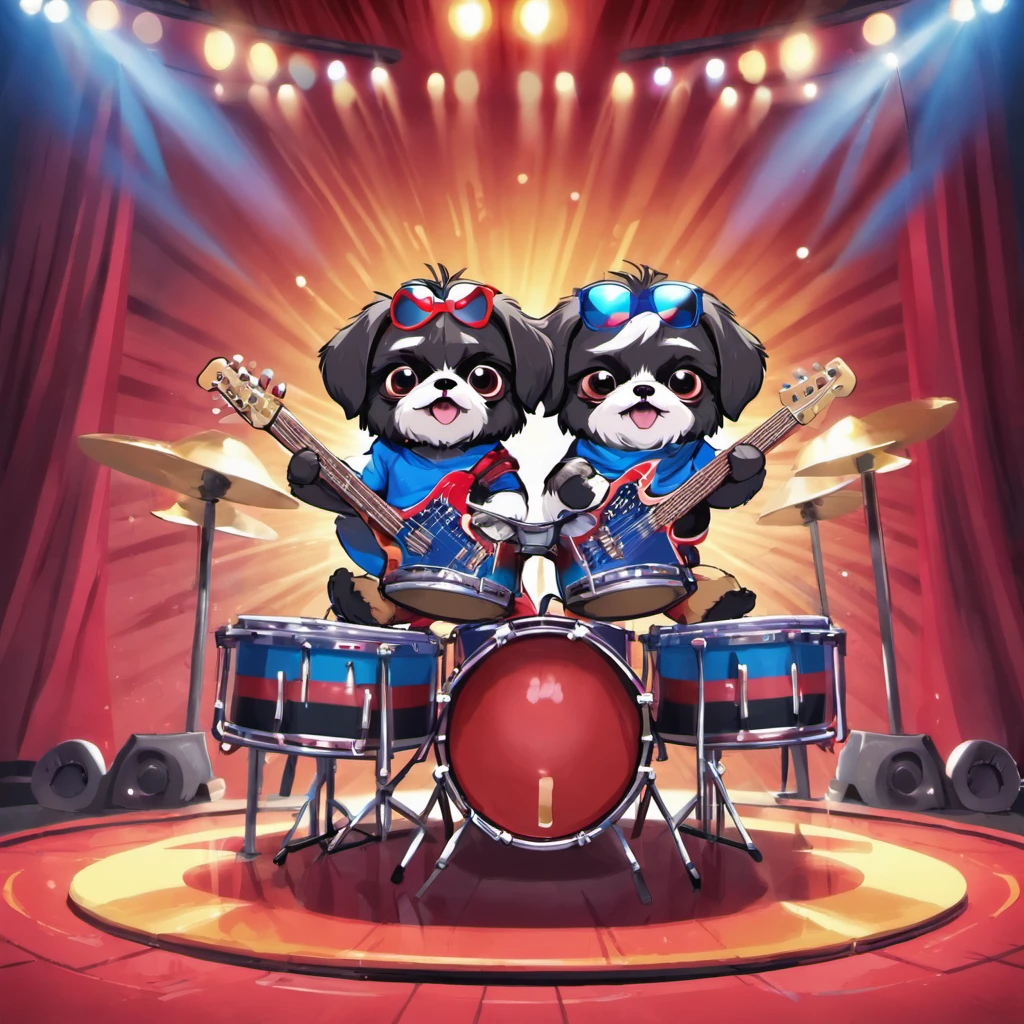 Two Adorable small happy black Shih Tzu puppies playing guitar playing drums on a concert stage wearing sun glasses Pixar style cartoon 3D red white and blue background