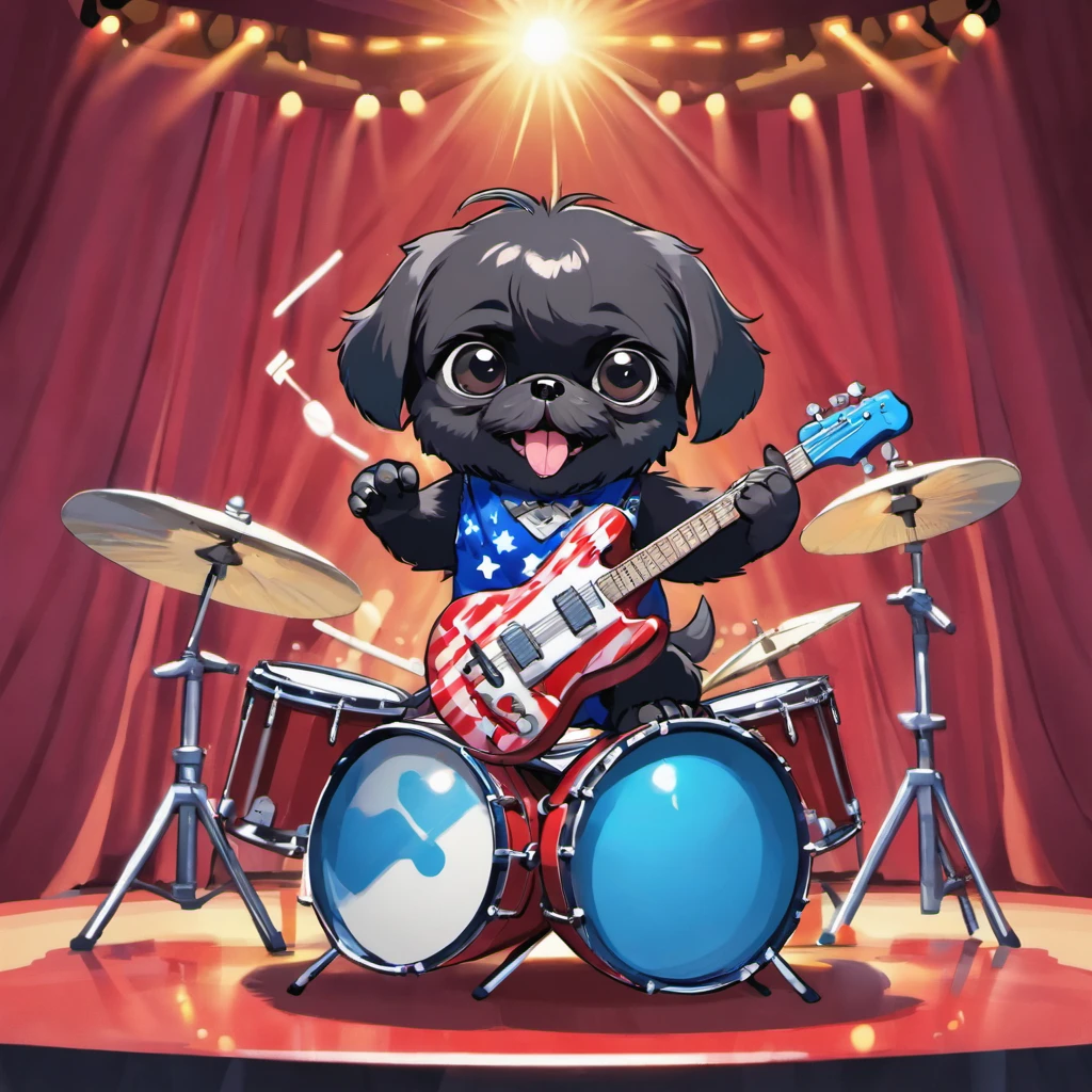 Two Adorable small happy black Shih Tzu puppies playing guitar playing drums on a concert stage wearing sun glasses Pixar style cartoon 3D red white and blue background