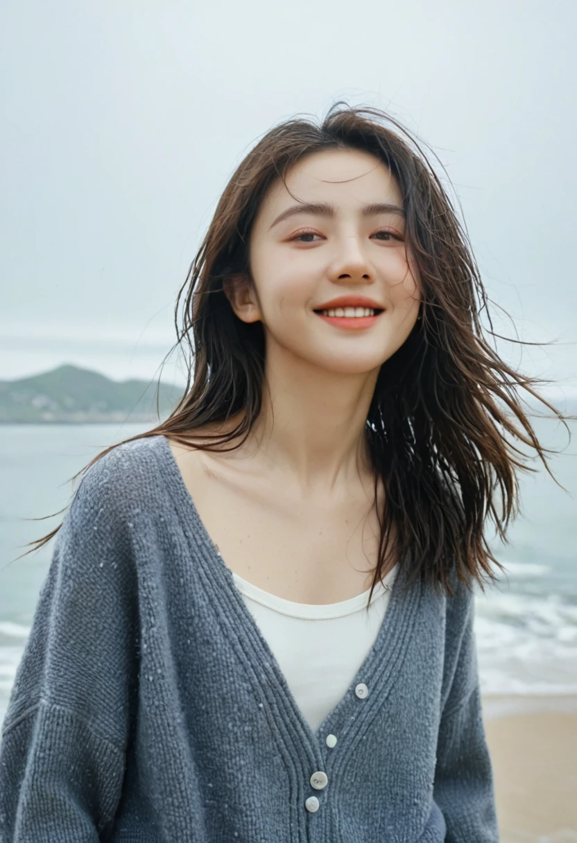 ((Highest quality, 8K, masterpiece:1.3)), concentrated:1.2, Perfect Body Beauty:1.4, Hips:1.2, ((Layered Haircut, chest:1.2)), (Wet clothes:1.2) , (rain, Seaside:1.3), ,Grey knit, Denim pants、Highly detailed face and skin texture, Beautiful Eyes, double eyelid, White skin, Long Hair, Smiling and dancing