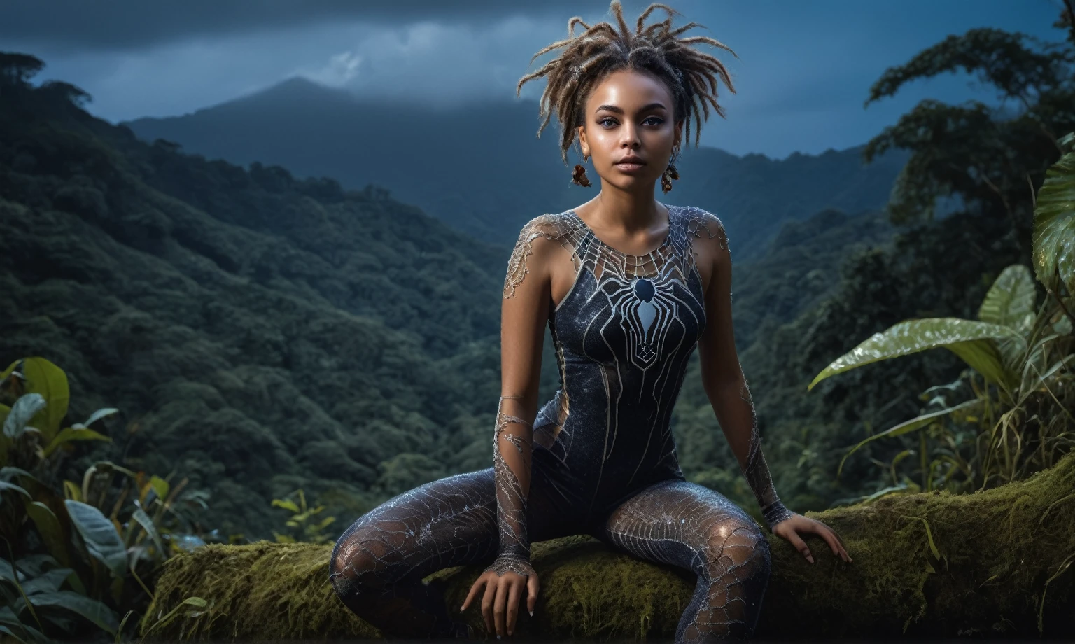 full body length,spidergirl of Calcite,babygirl,native african,intricate details,realistic humid skin,extremely intricate,Epic Realistic, Romantic, cinematic style,irina yermolova, messy hair,luminous eyes,extremely detailed, [night landscape],masterpiece,intricate details,faded,eyes extremely detailed, high detailed eyes,4k resolution,RAW, Nikon Z9,photosnap in action,Monteverde Cloud Forest of Costa Rica
