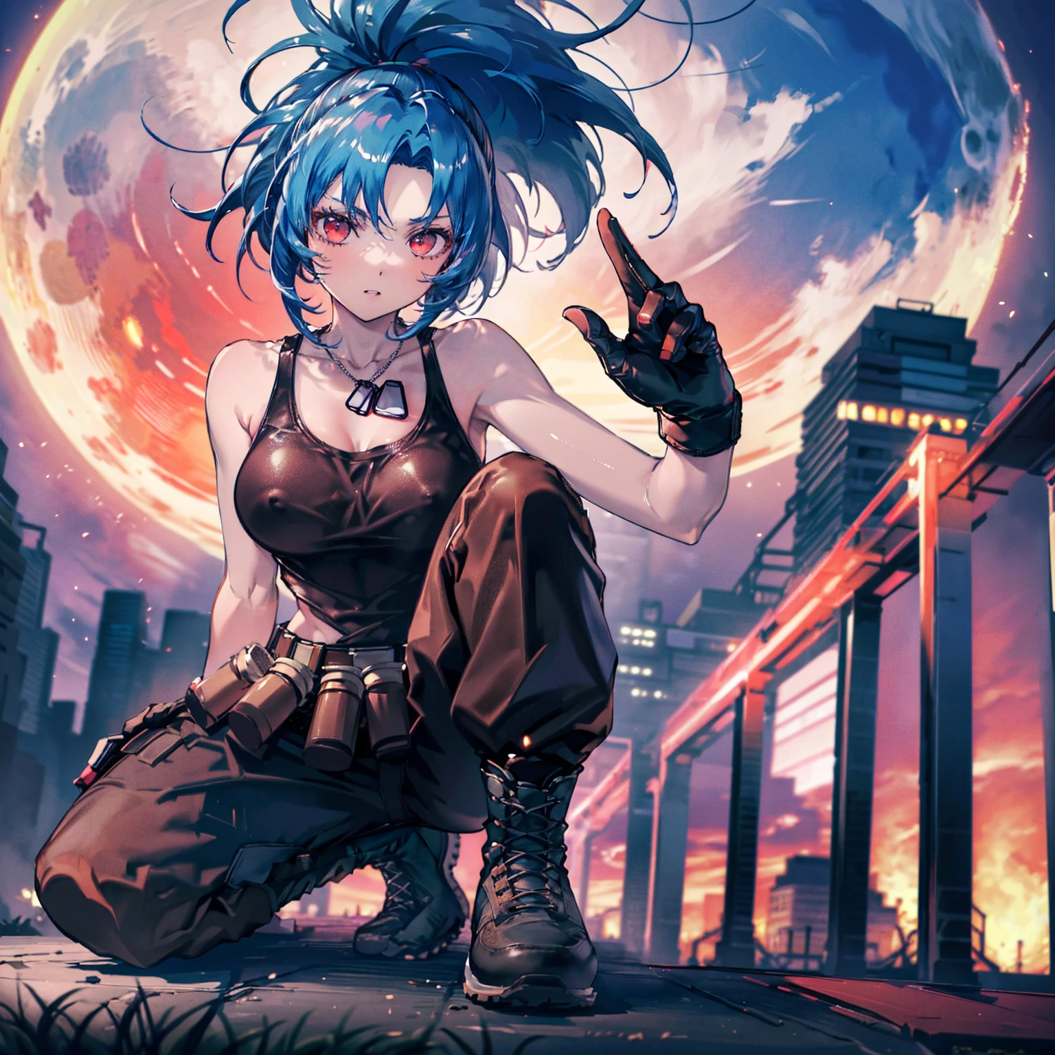 (masterpiece, highest quality, ultra high res, ultra detailed:1.3), 1 girl, ideal ratio body proportions, red eyes, (blue hair:1.2), high ponytail, unruly hair, brown tank top, military pants, military boots, bare shoulders, bare arms, open finger gloves, dog tag, full moon, night time, tank top covered nipples, 