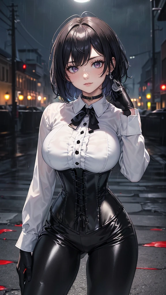 Masterpiece, Best Quality, (perfect ???????,realist:1.3, front view, facial focus,(without looking at the viewer:1.2), (1 girl in:1), 1 woman, (big breasts:1.2), sexy body, thin waist, Attractive front curves, round and soft chest, disgusted face, (black fur:1.6, short hair), evening, Heavy Rain, exterior, City, crop top, he wears transparent glasses, choker 1:6, (White long sleeve collar shirt:1.4), (corset black leather), black gloves covering up to the elbow, (shiny black leggings), blood stains, Dark alley, blood splattered on the floor, bright red light, bright Eyes, depth of field, night sky, Atmosphere, perfect hands