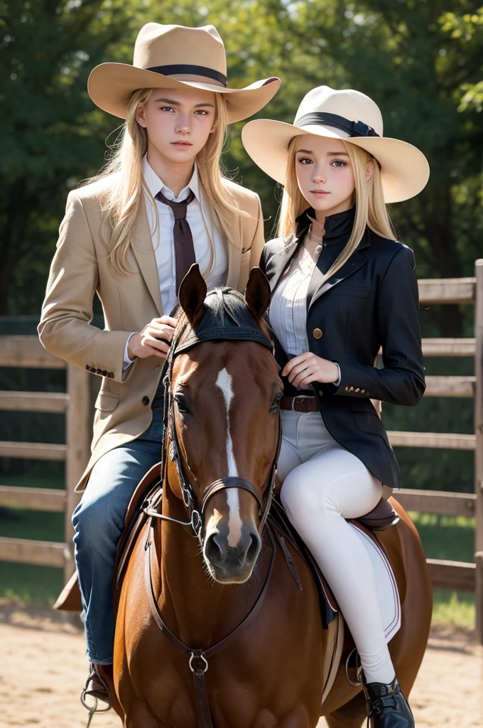Blonde teenager in hat on horse