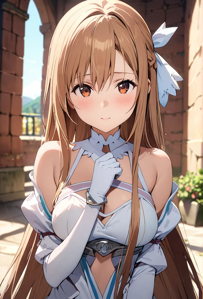 ((masterpiece)), Highest quality, Very detailed,(One Girl),Yuki Asuna、Asuna (Stay), Brown eyes,Two vertical rows of eyes,  Bare shoulders, chest当て, armor, Removable sleeves, gloves, white gloves, dress, (red and white dress), Long Hair, Beautiful background ,clothing,  chest, 