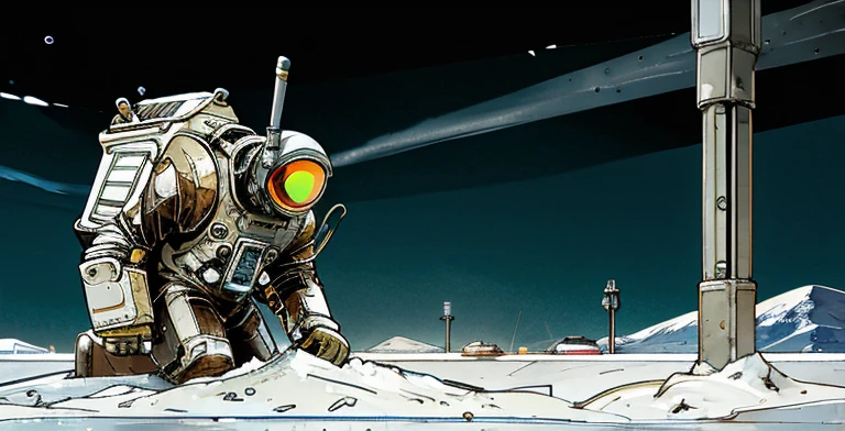 The astronaut is repairing a huge machine , Snowy scenery, ground with lots of snow