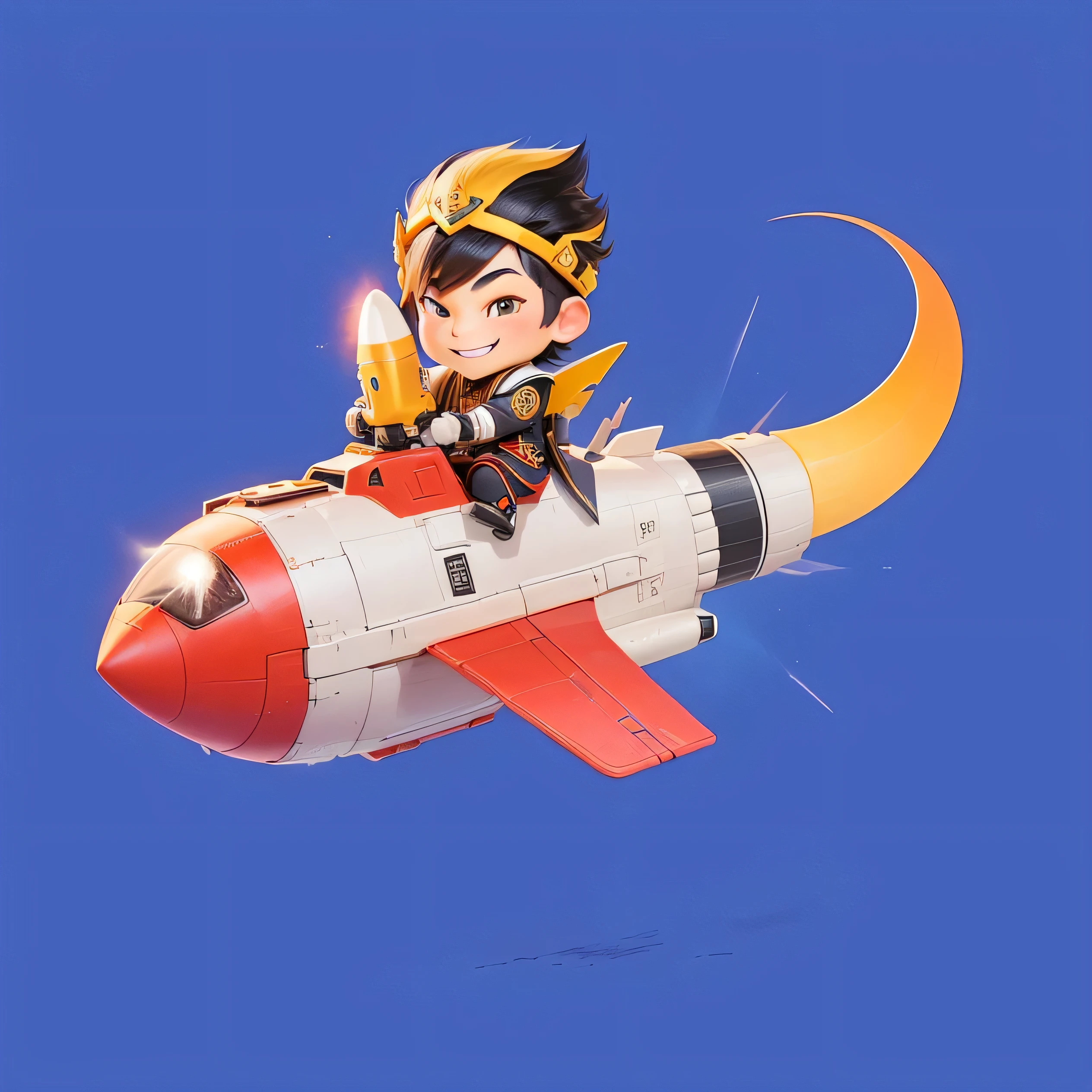 A cartoon character of a Chinese style man,Black hair,Open your eyes and smile,Riding a rocket, Mobile game 3d icon, Mobile game art, Inspired by Dong Yuan, gentlemen. Halo character design, Telegram Stickers, Telegram Stickers design, Inspired by Pu Hua, Cool rocket, Nine thousand, 9k, game