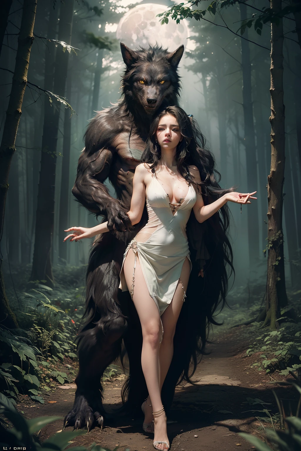 ((best quality)), ((masterpiece)), (detailed), ((1girl, white woman green eyes
beautiful modern black hair full body 1werewolf standing behind her dark forest full moon beast monster arm wrapped around the girl, amazing quality, dark atmosphere, magical aura, paranormal. werewolf holding the sexy woman,