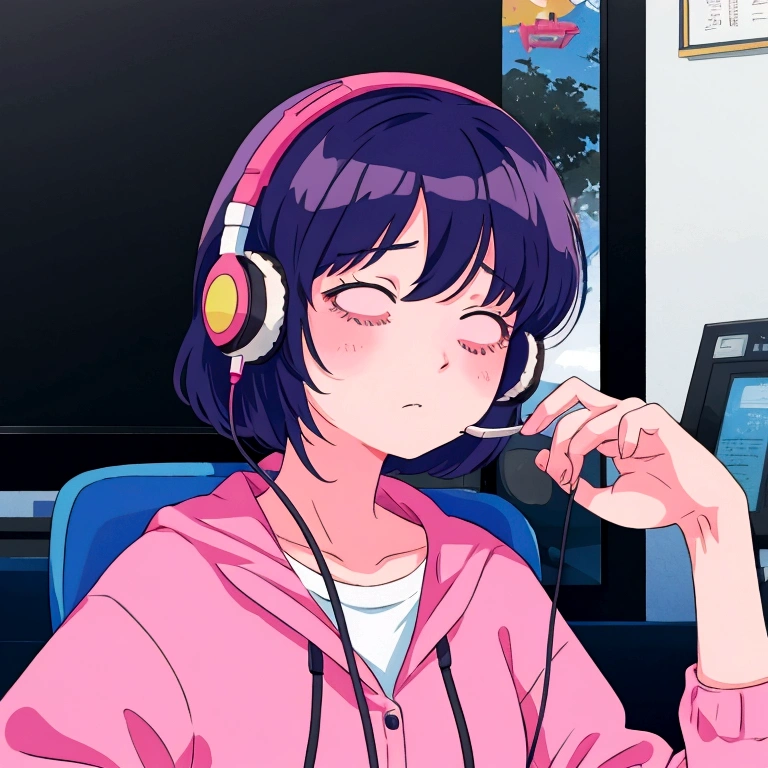 an anime girl with an expression of exhaustion and tiredness, in the 80s style using a telemarketing headset