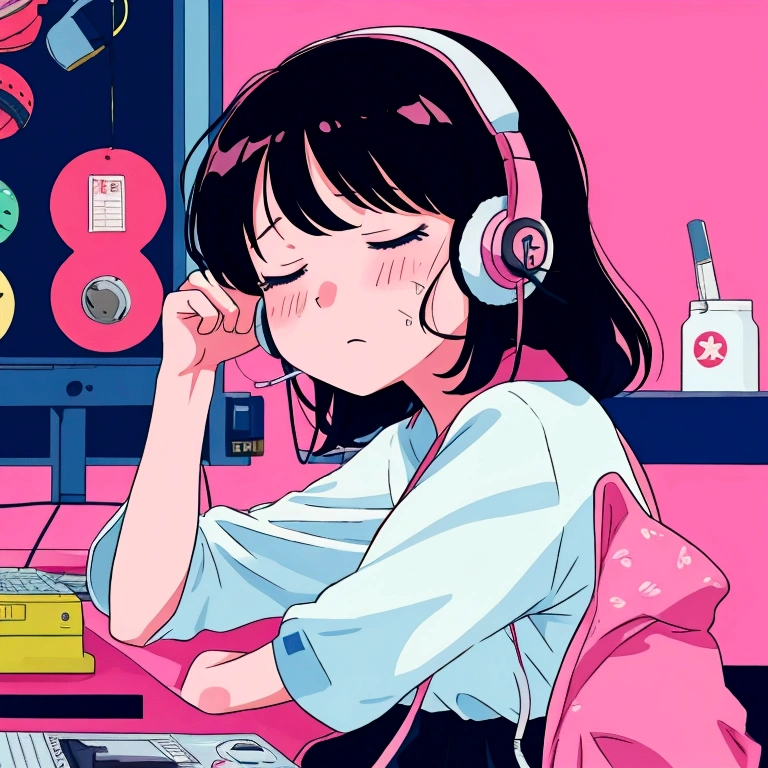 an anime girl with an expression of exhaustion and tiredness, in the 80s style using a telemarketing headset