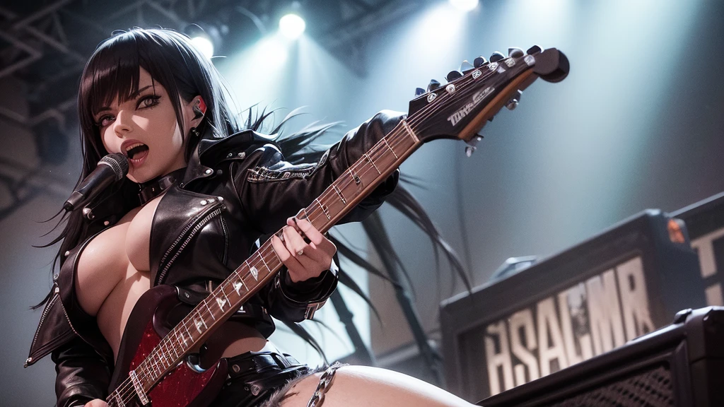 Heavy metal, biker chick with chains and spikes, ferocious expression, powerful female rock star, black leather, dressed in black leather jacket and torn jeans, dark eyeliner and black lipstick, heavy music, fierce woman, standing tall, epic guitar solo, guitar on fire, woman solo electric guitar, female guitarist of metal, woman playing the guitar, electric guitar made of metal, flames on stage, female rocker playing a concert,