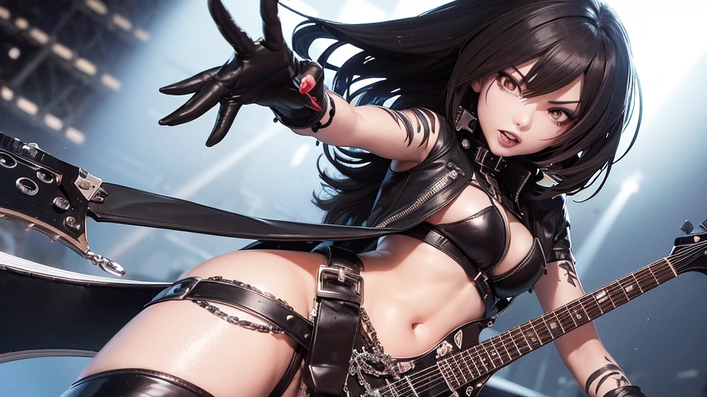 Heavy metal, biker chick with chains and spikes, ferocious expression, powerful female rock star, black leather, dressed in black leather jacket and torn jeans, dark eyeliner and black lipstick, heavy music, fierce woman, standing tall, epic guitar solo, guitar on fire, woman solo electric guitar, female guitarist of metal, woman playing the guitar, electric guitar made of metal, flames on stage, female rocker playing a concert,