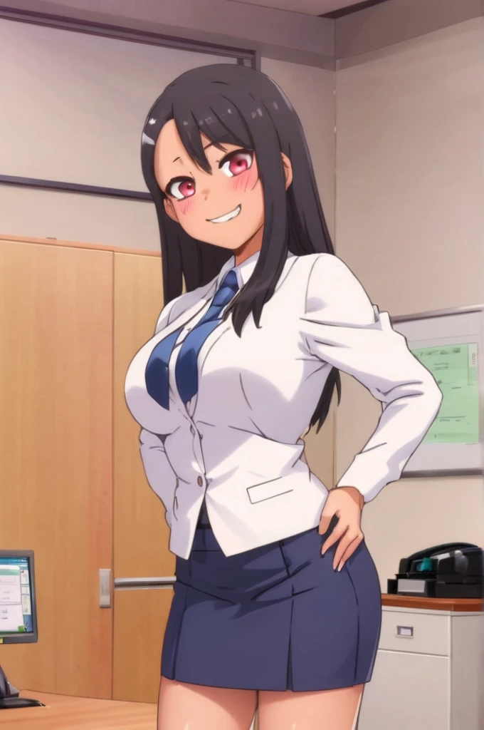 a girl nagatoro hayase standing in office, (modern office indoors), 1lady solo, (black medium hair) bangs, (suit jacket, pencil_skirt), (black pantyhorse), ((id card)), blush kind smile, (masterpiece best quality:1.2), delicate illustrations, high resolution, super detail, huge breasts