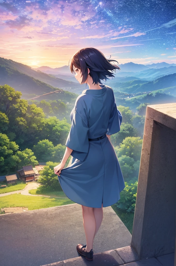 Japanese age boy in Tokyo and japanese girl in rural Japanese standing on a rock looking at the vibrant twilight sky. Cosmic Skies, by makoto shinkai, makoto shinkai cyril rolando, beautiful anime scene, anime sky, anime art wallpaper 4 k, anime art wallpaper 4k, anime art wallpaper 8 k, anime beautiful peace scene, in style of makoto shinkai, 4k anime wallpaper.