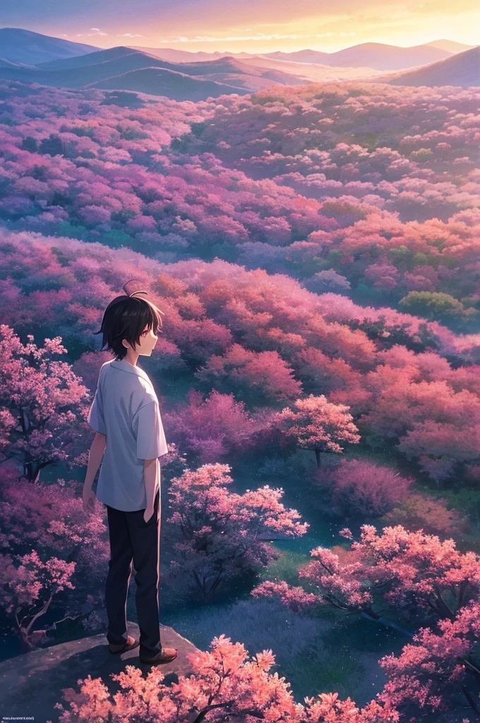 Japanese teenage boy in Tokyo  and japanese girl in rural Japanese  standing on a rock looking at the vibrant twilight sky. Cosmic Skies, by makoto shinkai, makoto shinkai cyril rolando, beautiful anime scene, anime sky, anime art wallpaper 4 k, anime art wallpaper 4k, anime art wallpaper 8 k, anime beautiful peace scene, in style of makoto shinkai, 4k anime wallpaper. 