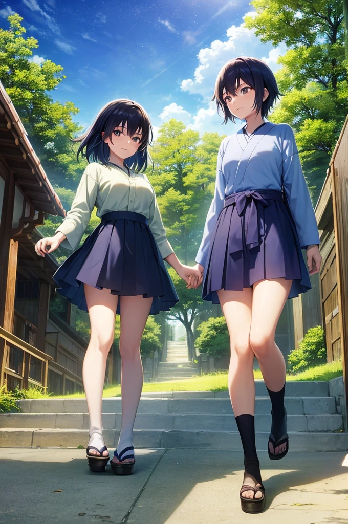 Japanese teenage boy in Tokyo and japanese girl in rural Japanese standing on a rock looking at the vibrant twilight sky. Cosmic Skies, by makoto shinkai, makoto shinkai cyril rolando, beautiful anime scene, anime sky, anime art wallpaper 4 k, anime art wallpaper 4k, anime art wallpaper 8 k, anime beautiful peace scene, in style of makoto shinkai, 4k anime wallpaper.