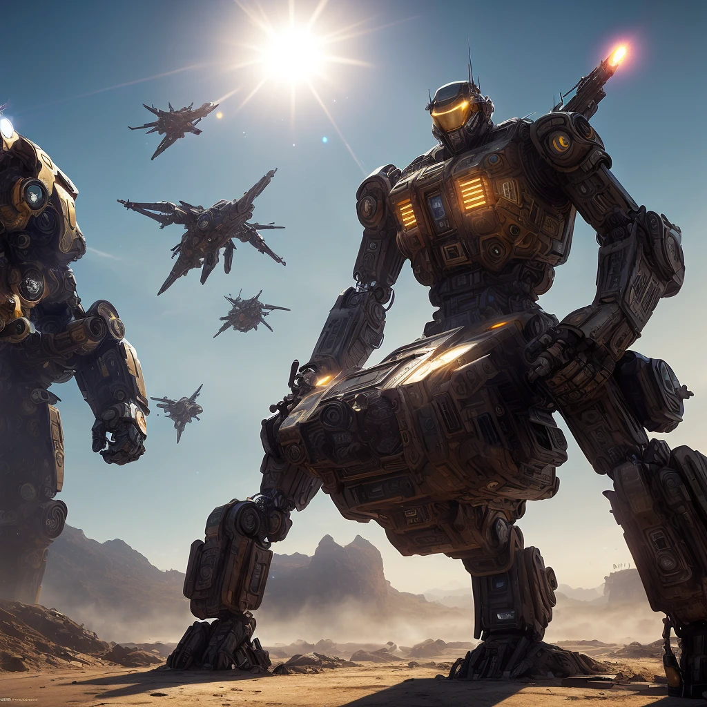 a massive space battle, futuristic mech warriors, epic sci-fi landscape, glowing energy weapons, dramatic lighting, cinematic camera angle, ultra-detailed, (best quality,4k,8k,highres,masterpiece:1.2),ultra-detailed,(realistic,photorealistic,photo-realistic:1.37),cinematic lighting, intricate machinery, gleaming metallic surfaces, intense action, dynamic poses, volumetric fog, lens flare, dramatic shadows, vibrant colors, sci-fi, concept art